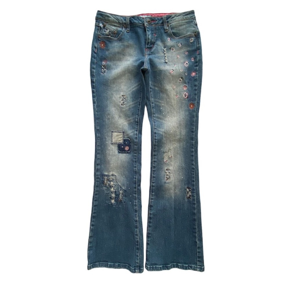 Zana Di Jeans Floral Embroidery + Gems Stretch Denim Pants Boot Cut Blue Size 9